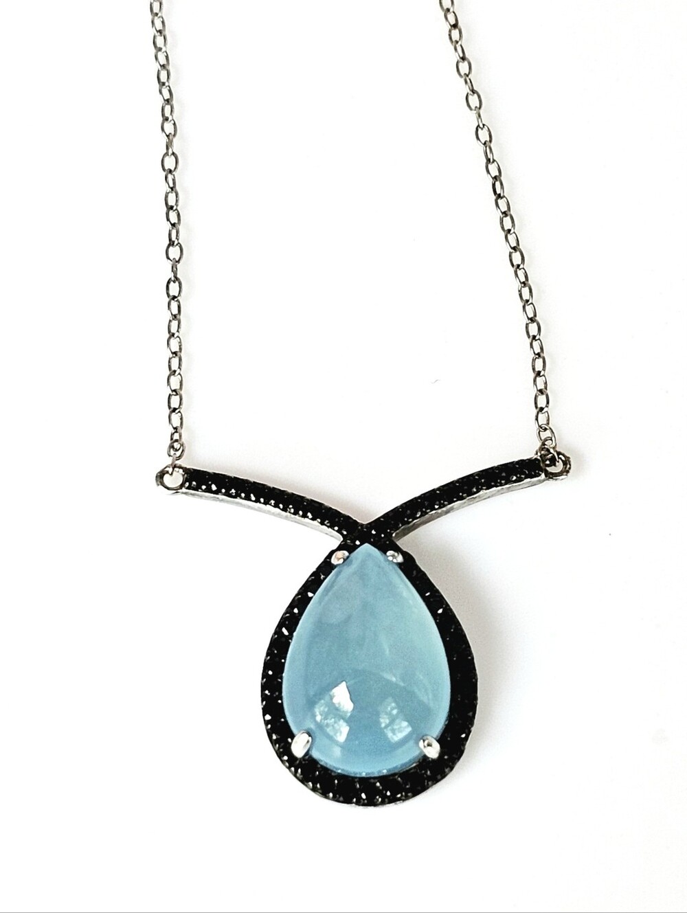 Natural Blue Aquamarine & Black Spinel Drop Pendant Necklace Sterling Silver 18"